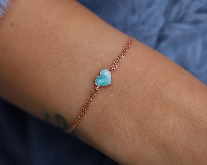 Blue Heart Shaped Enamel Gold Bracelet, 14k Gold Bracelet with Gold Chain | Valentine's Day Gift