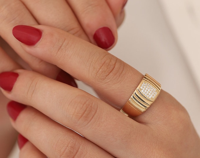 14k Gold Striped Ring | Bold Cubic Zirconia Band Statement Jewelry