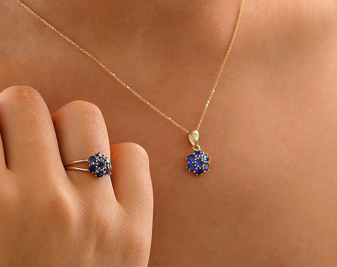 14k Gold Sapphire Hexagon Flower Pendant | Honeycomb Blue Gemstone Necklace, September Birthstone, Birthday Gift, Dainty Bridesmaid Necklace