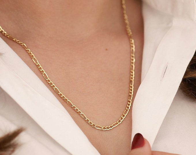 14k Gold 3mm Figaro Chain Necklace | Cuban Chain Layering Necklace, Dainty Figaro Link Chain, Stacking Necklace, Unisex Chain, Gift for Her