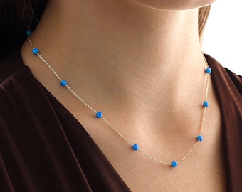 Dark Blue Opal Necklace | 14k Gold Navy Blue and White Opal Necklace, October & Libra Birthstone Necklace, Zodiac Jewelry, Birthday Gift