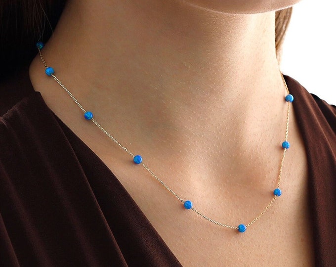 Dark Blue Opal Necklace | 14k Gold Navy Blue and White Opal Necklace, October & Libra Birthstone Necklace, Zodiac Jewelry, Birthday Gift