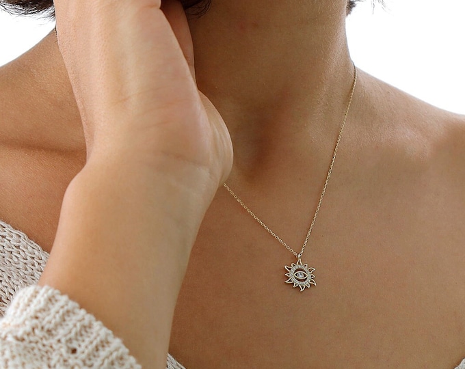 14k Gold Sun Necklace | Sun & Evil Eye Minimalist Pendant as Birthday Gift, Positivity, Clarity and Confidence Symbolism Handmade Jewelry