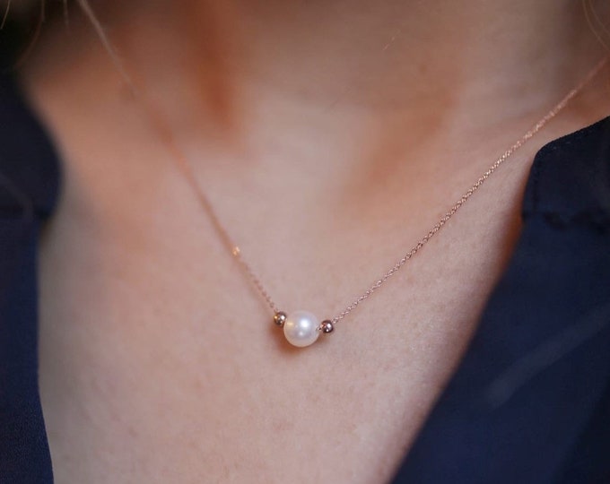 Pearl Gem Necklace | Round Ball Shaped Pearl Minimal Necklace with Gold Beads | Minimalist Design Real AAA Pearl Pendant | Gift for Her