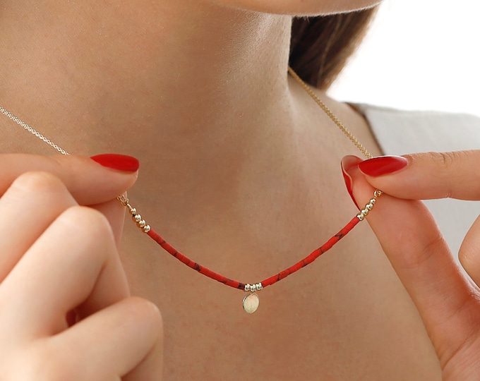 Red Coral Necklace with Gold Coin | Personalized Double Chain Natural Stone Necklace , Gold Beads&Engravable Gold Disc Charm | Gift for Her
