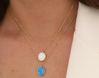 14k Gold Blue Opal Necklace | Dainty October Birthstone Zodiac Elegant Pendant