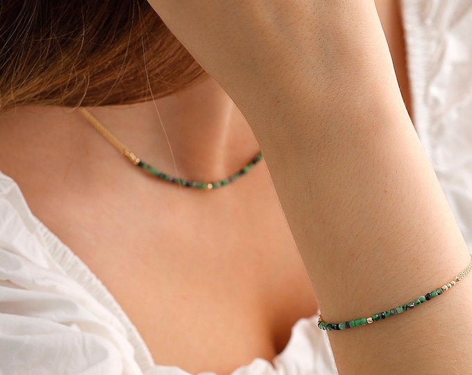 Ruby Zoisite 14k Gold Beaded Jewelry Set | Green Ruby Gold Rolo Bracelet & Necklace, Align Third Eye, Positive Energy, Abundance Gemstone