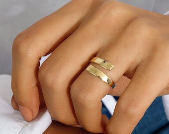 14k Gold Engravable Band Ring | Adjustable Stackable Statement Ring, Personalized