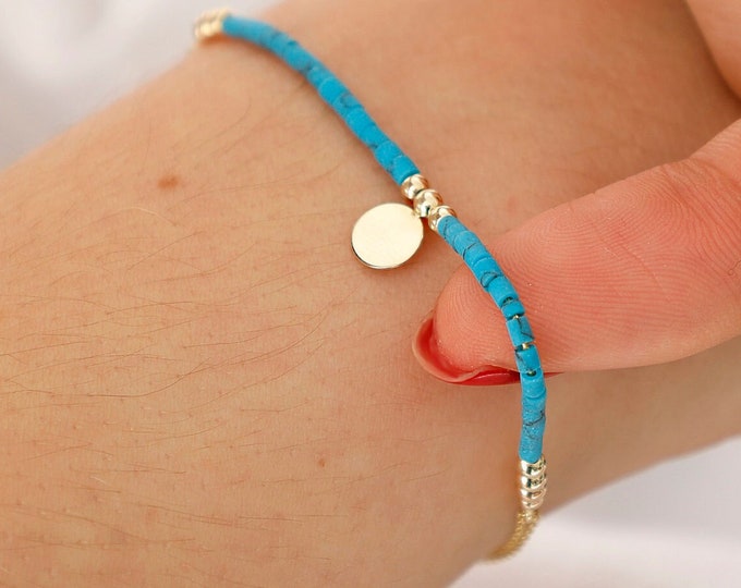 Blue TURQUOISE Bracelet w/14k Gold Beads | Engravable Coin, Personalized ZODIAC Bracelet, December Birthstone, Turkish stone, Gift for Her