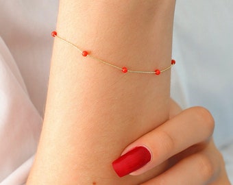 14k Gold Coral Beaded Bracelet |  Handmade Jewelry for Success, Red Coral Gemstone for Improving Health, Good Luck & Fortune Gift for BFF