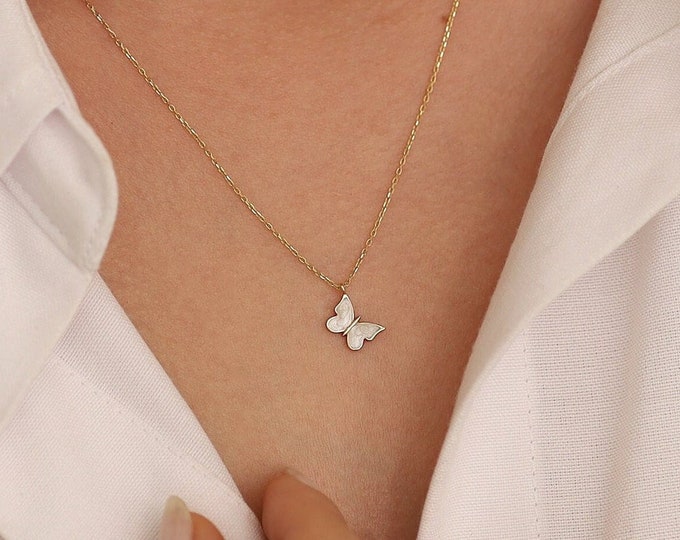 14k Gold Minimal White Enamel Butterfly Pendant | Butterfly Necklace, Dainty Butterfly Charm Necklace, Bridesmaid Gift, Valentine's Day Gift