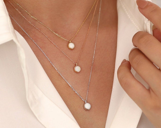 14k Gold White Opal Pendant Necklace | Minimal October Birthstone Jewelry
