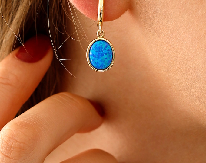 14K Gold Blue Opal Earrings | October Birthstone Jewelry, Blue Stone Earrings, Libra Zodiac Jewelry, Great Jewelry Present For Birthday
