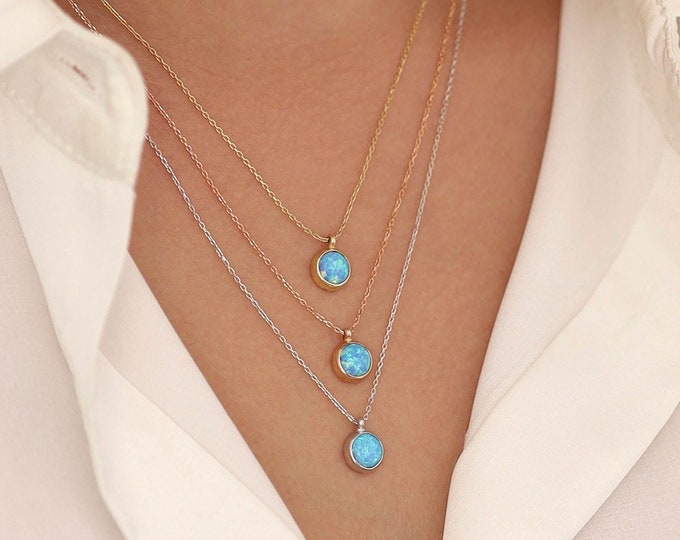 14k Gold Blue Opal Necklace | Opal Gemstone Pendant | Minimal and Elegant Gold Necklace | Anniversary Valentine Gift October Birthstone