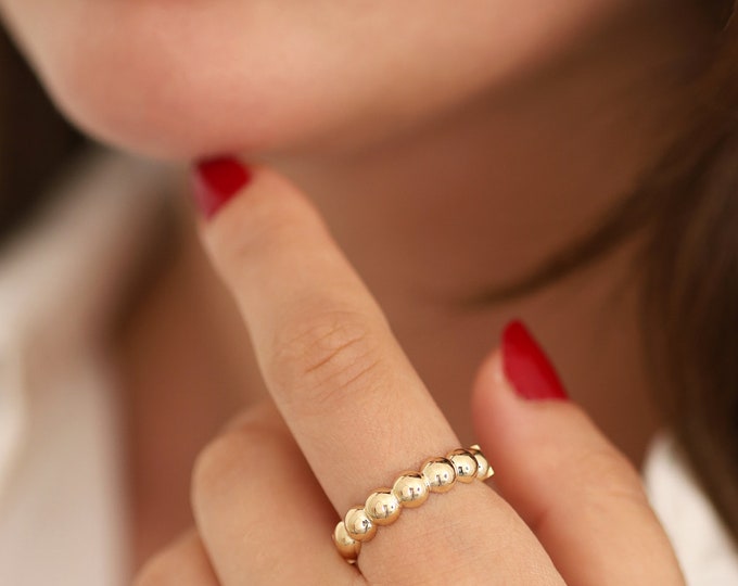 14k Gold Beaded Bubble Ring | 5mm Eternity Ball Statement Band