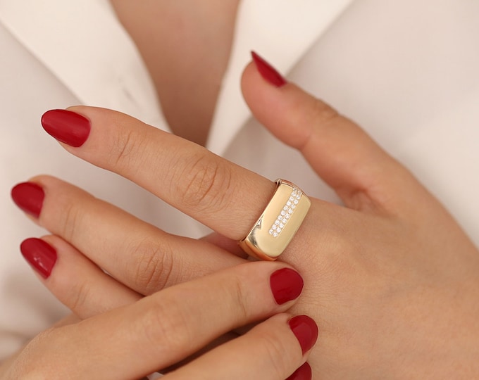 14k Gold Stripe Rectangular Ring | Bold Geometric Dome Statement Band