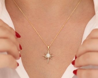 14k Gold North Star Opal Necklace | White October Birthstone Pendant