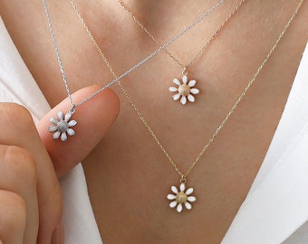 Tiny Daisy 14k Gold Necklace | Minimalist Charm, White Enamel Jewelry Daisy, Chamomile Flower Dainty Pendant, Bridesmaid Gift, Gift for Her