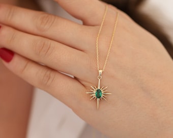 14k Gold Emerald North Star Necklace | Minimalist Gemstone Pendant