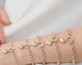 14k Gold Heart Charm Bracelet | Rolo Belcher Chain with Sailor Lock Vintage Heart