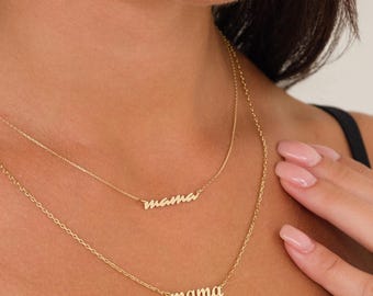 14k Gold Mama Necklace | Minimal Script Mom Nameplate