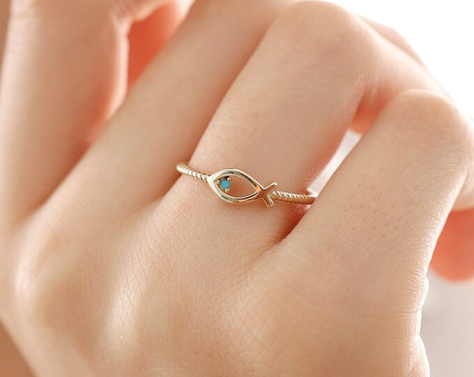 Swimming against the current | Fish Ring with Turquoise Gemstone 14k Gold Ichthus | Rope Detailed Dainty Confirmation Ring, Christmas Gift