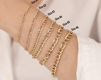 14k Gold 3mm Figaro Chain Bracelet | Figaro Chain Link Bracelet, Shiny Cuban Chain, Dainty Unisex Chain, Stacking Jewelry, Graduation Gift