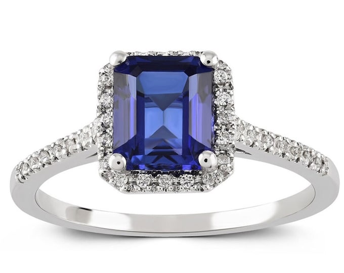 Sapphire Square Ring with Paved Diamonds Perimeter | Blue Sapphire Gemstone | 14k Bride Ring | Emerald Cut Sapphire