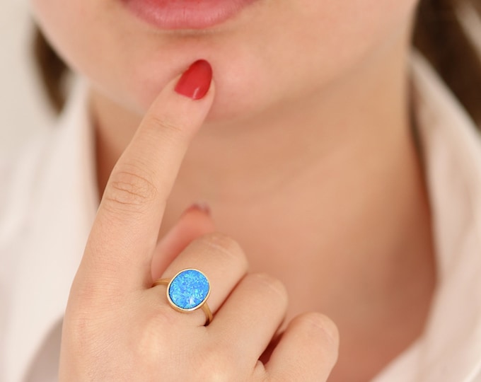 14K Gold Blue Opal Ring | Fine Jewelry, Elegant Ring, Perfect Gift For Valentine, Birthstone Ring
