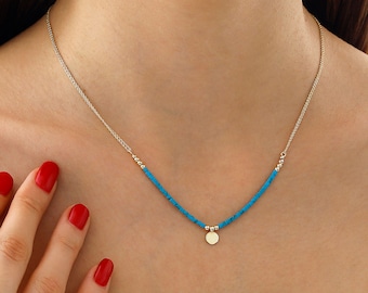 Blue Turquoise Necklace, Gold Coin | Personalized Necklace with Gold Beads&Engravable Gold Disc Charm, December Birthstone | Gift for Her