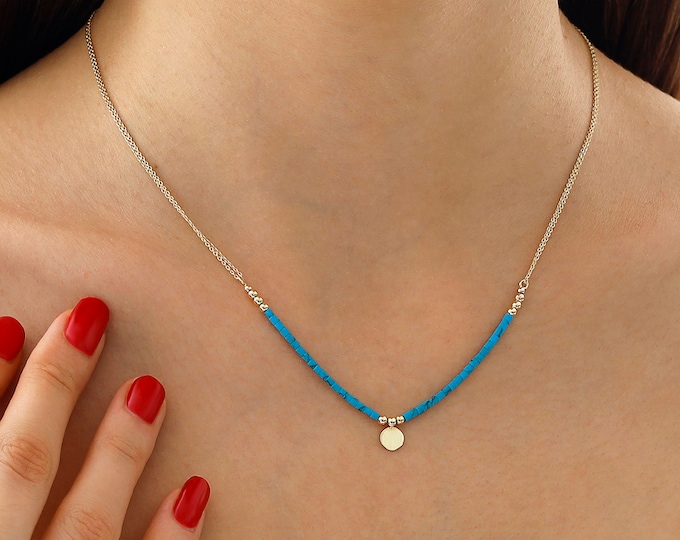 Blue Turquoise Necklace, Gold Coin | Personalized Necklace with Gold Beads&Engravable Gold Disc Charm, December Birthstone | Gift for Her