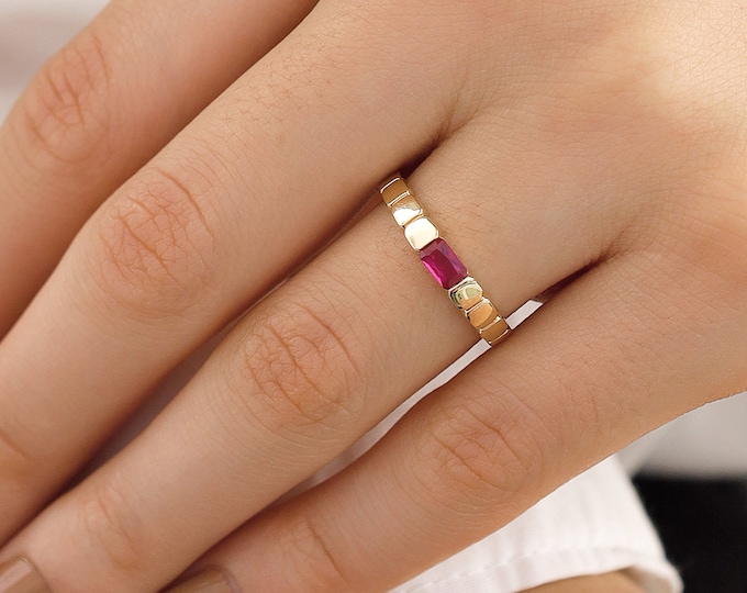 14k Gold Baguette Zircon Ring | Geometric Stackable Rectangle Gemstone Jewelry
