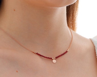 14k Gold Red Jade Necklace | Engravable Coin Pendant Beaded Gemstone Jewelry