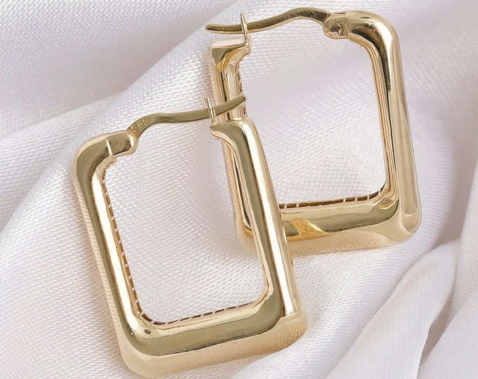14k Gold  Hoop Bold Rectangle Earrings | Wide Statement Earrings, Chic Huggie Earrings, Valentines Day Gift, Anniversary Gift, Gift for Her