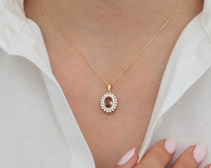 14K Gold Diaspore Necklace with CZ Gem| Color-Shifting Jewelry, Unique Necklace, Turkish Diaspore Stone, Pisces Birthstone, Gift For Her