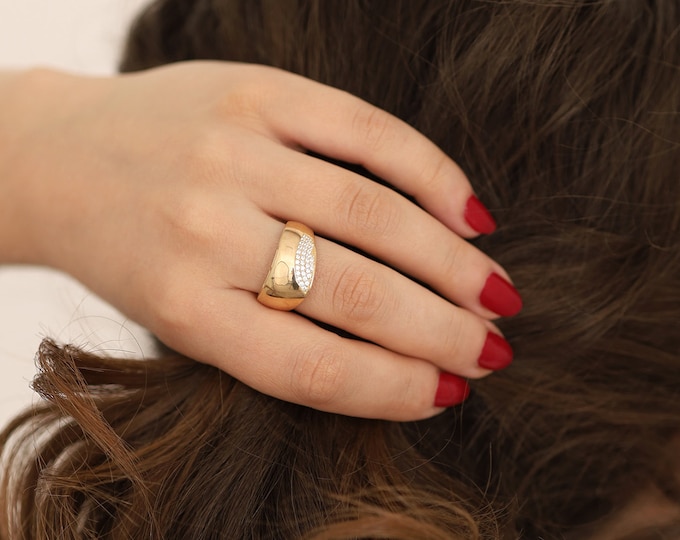 14k Gold Chunky Curved Dome Ring | Thick Sparkling Statement Band