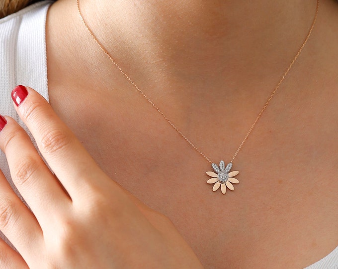 14k Gold Daisy Necklace | Gemstone Paved Flower Pendant, Spring Blossom Jewelry