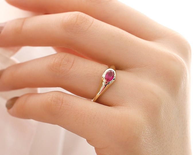 14k Gold Magenta Zircon Ring | Oval Gemstone Stackable Colorful Dainty Jewelry