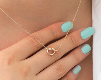 14k Gold Knot Circle Necklace | Rope Love Symbol Minimalist Pendant, Couple Jewelry Gift