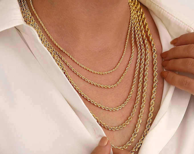 14k Gold 4mm Vintage Look Rope Chain Necklace | Retro Twisted Chain Bracelet, Unisex Chain, Fashionable Jewelry, Gift for Him, Gift for Her