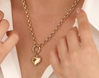 14k Gold Rolo Link Necklace with Heart Charm | Thick Belcher Chain Gold Necklace, Sailor Lock Clasp, Puffy Heart Charm | Gift for Her