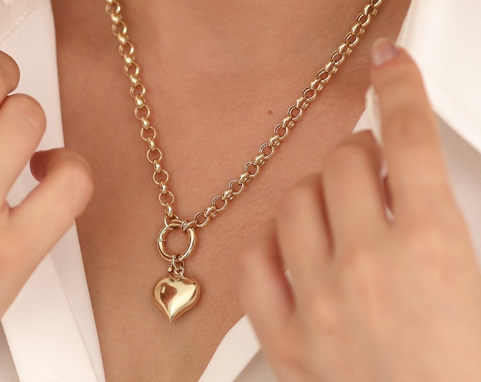 14k Gold Rolo Link Necklace with Heart Charm | Thick Belcher Chain Gold Necklace, Sailor Lock Clasp, Puffy Heart Charm | Gift for Her