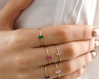 14k Gold Magenta Zircon Baguette Ring | Dainty Stackable Gemstone Jewelry