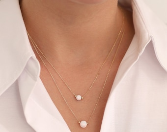 White Opal Round Necklace 14K Gold  |  Blue & Pink Opal, October Birthstone, Libra Zodiac Jewelry, Elegant Venus Jewelry, Gift for Daughter