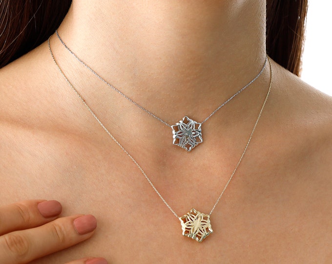 14k Gold Snowflake Pendant | Minimalist Necklace, Puffy Dainty/Large Pendant, Winter Necklace, Bridesmaid Gift, Christmas Gift, Gift for Her