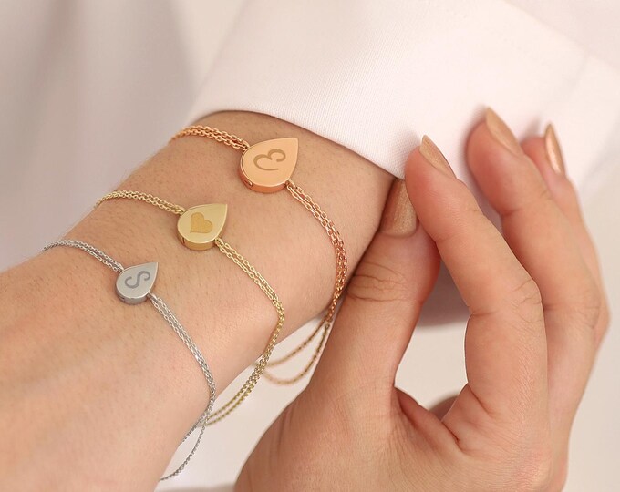 Custom Flat Drop Urn Bracelet | 14k Gold Teardrop Cremation Ash Holder Bracelet, Memorial Keepsake Jewelry, Initial Engraved Drop Urn Charm,