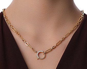 Real Diamond Pave Setting Sailor Clasp, Long & Short Paperclip Chain, 14k Gold Diamond Lock Necklace Long Layering Chain | Gift for Her