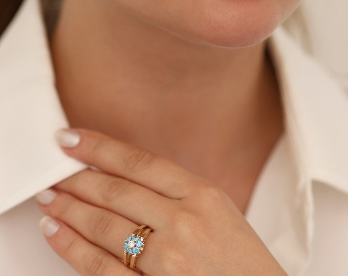 14k Gold Reversible Gemstone Ring | Aquamarine Citrine Flower Hexagon Jewelry