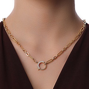 14k Gold Diamond Sailor Clasp Necklace | Paperclip Chain with Trombone chain