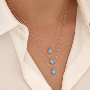14k Gold Blue Opal Necklace | Opal Gemstone Pendant | Minimal and Elegant Gold Necklace | Anniversary Valentine Gift October Birthstone